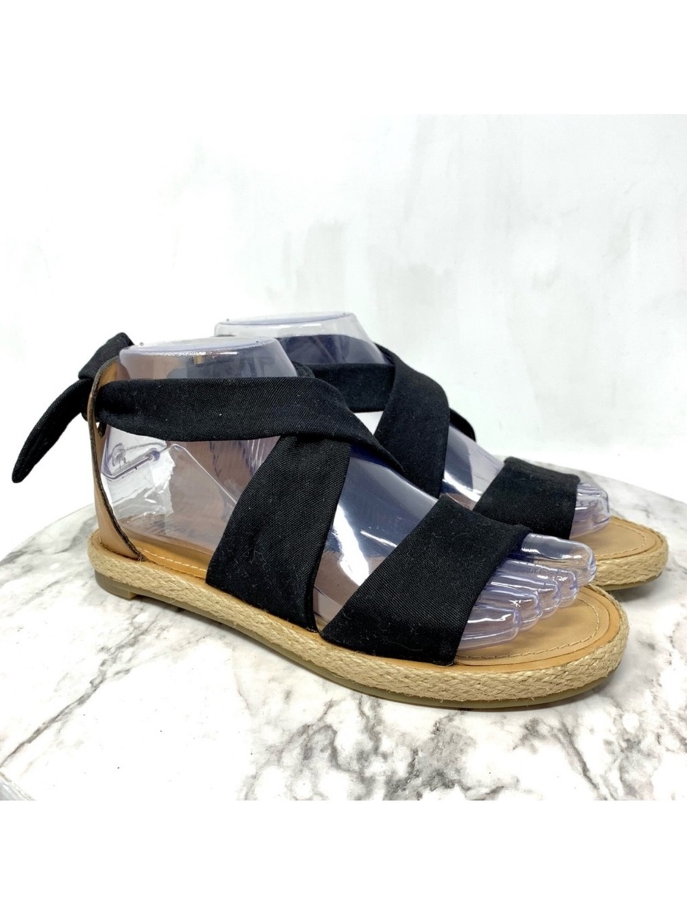 SeaVees Bayside Black Canvas Strappy Tie Detail Espadrille Sandals 6 Coastal